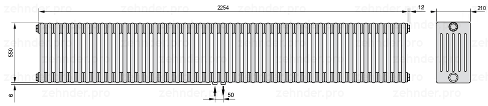 Схема (чертеж) Радиатор Zehnder Charleston 6055/49 №3470 Белый глянцевый RAL 9016